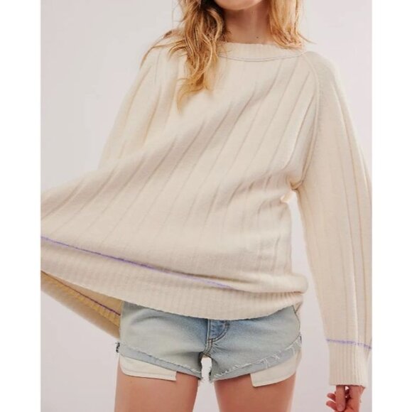 Free People Venus chunky Knit Tunic‎ contrast trim cream oversized 90s sz M - Picture 1 of 8